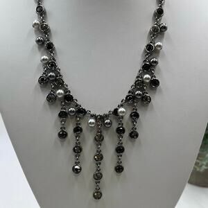 Swarovski Signed Black Crystal and Gray Pearl Dangle Bib Statement Necklace